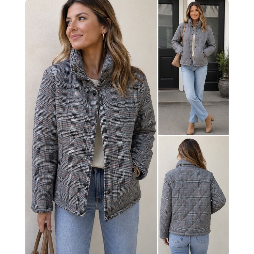 A New Day Plaid Quilted Puffer Jacket Gray Glen Check Wool Blend Snap Front M